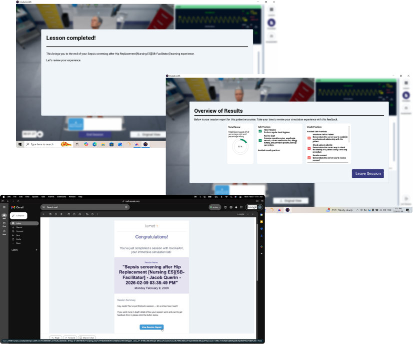 Lesson completed screen, overview of results, and confirmation email