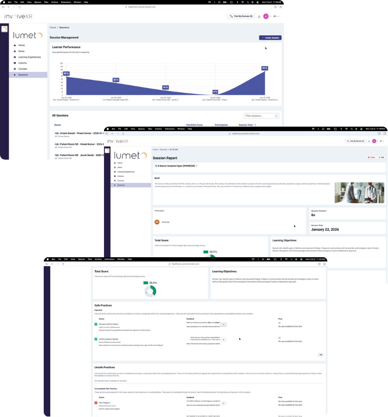Sessions tab in the Web Portal showing learner performance and past sessions