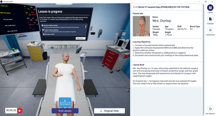 Learner brief screen showing the clinical role, patient background, and learning objectives