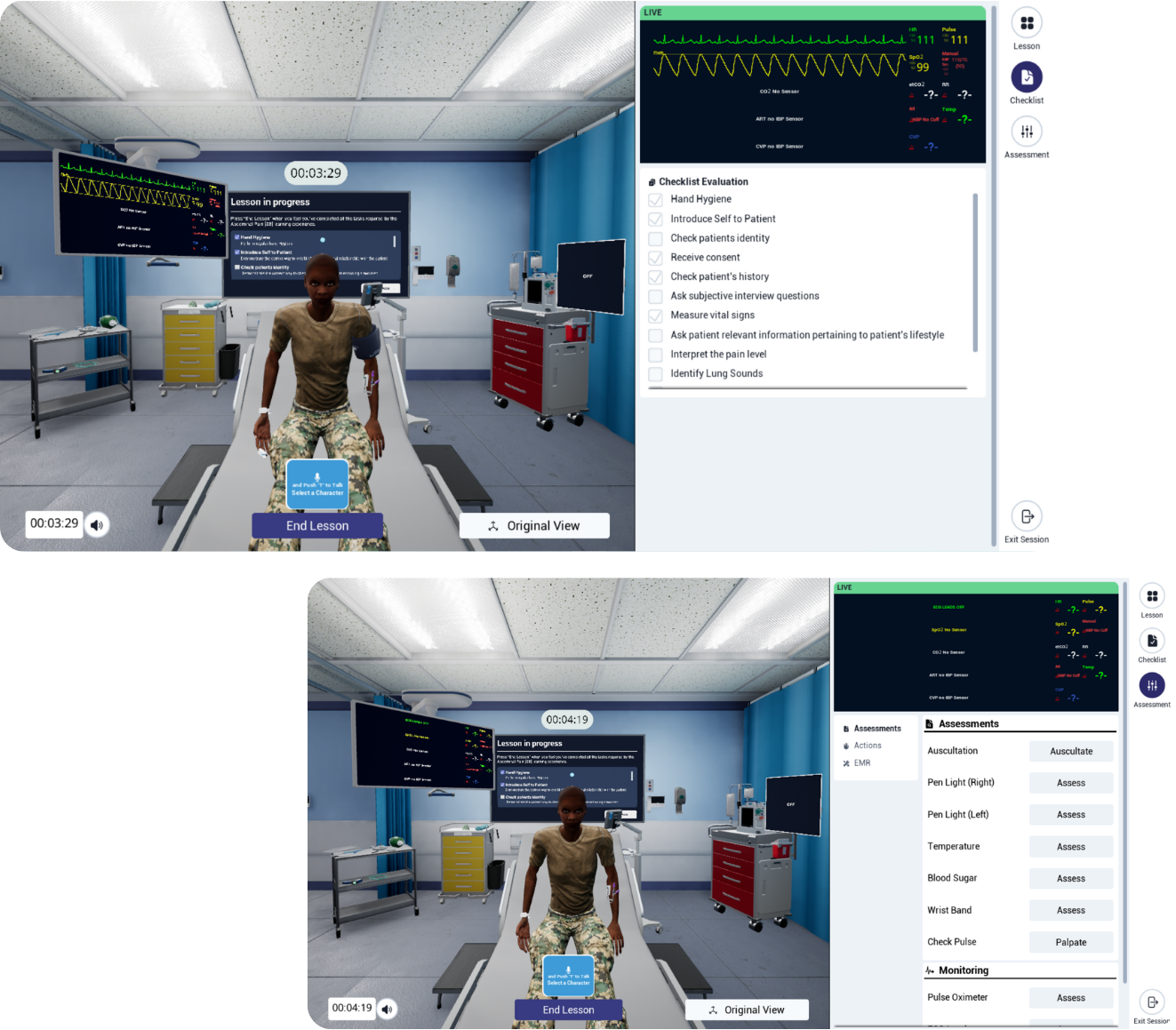 OnScreen scenario with the Assessments panel, checklist, and live vitals monitor
