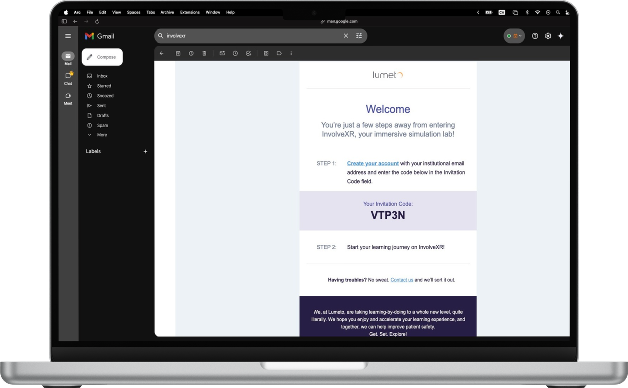 InvolveXR welcome email open in Gmail on a laptop, showing the invitation code
