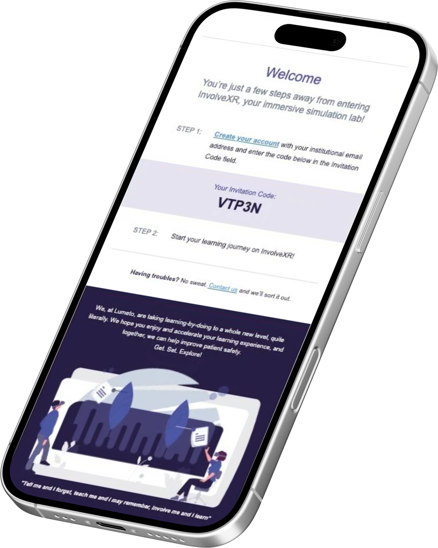 InvolveXR welcome email on a phone, showing the invitation code