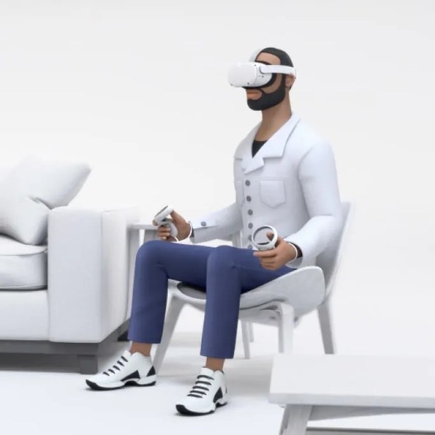 Person seated in a chair wearing a headset