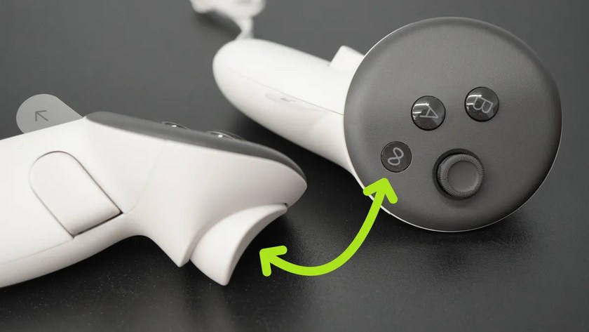 Quest controller with an arrow pointing to the Meta button