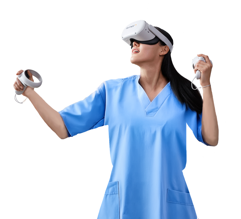 Nurse in scrubs wearing a VR headset and holding controllers
