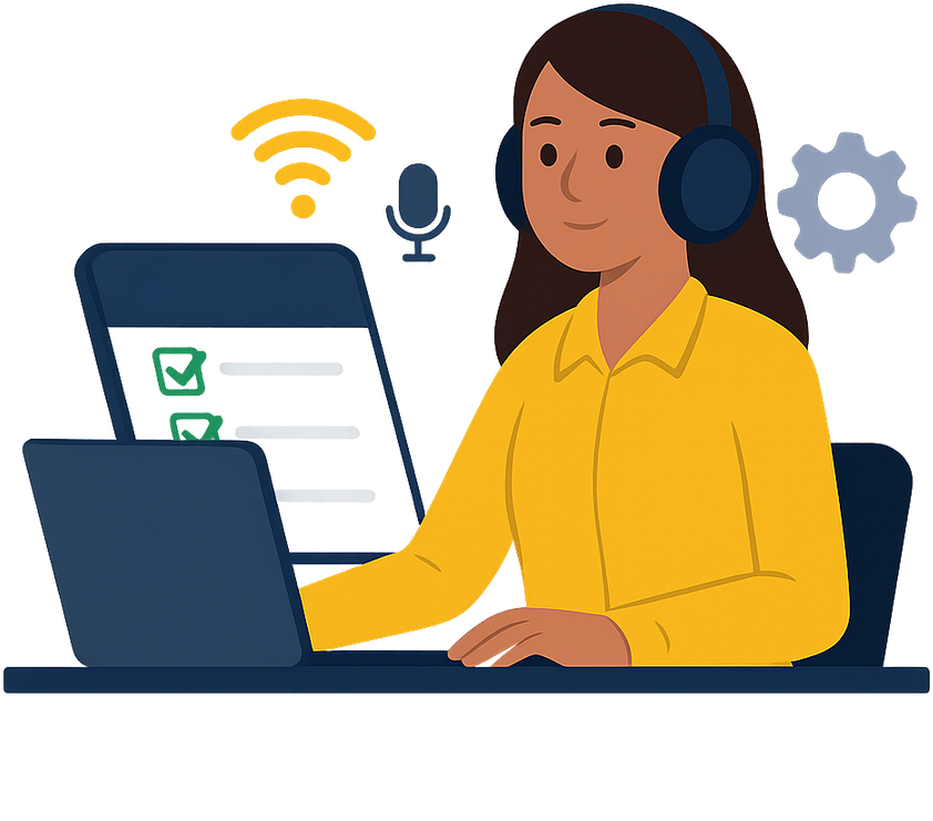 Illustration of a learner with a headset and microphone at a laptop