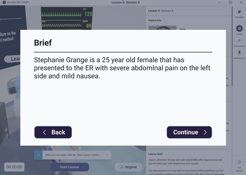 Learner Brief screen with the patient background