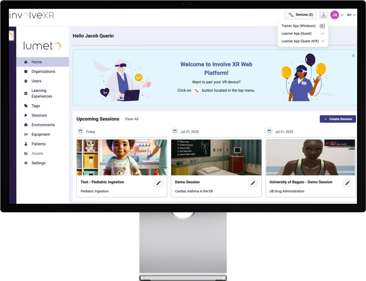 Web Portal on a monitor with the download menu open at the top right