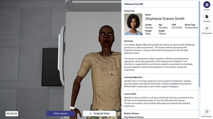 Lesson tab open in the side menu with patient details