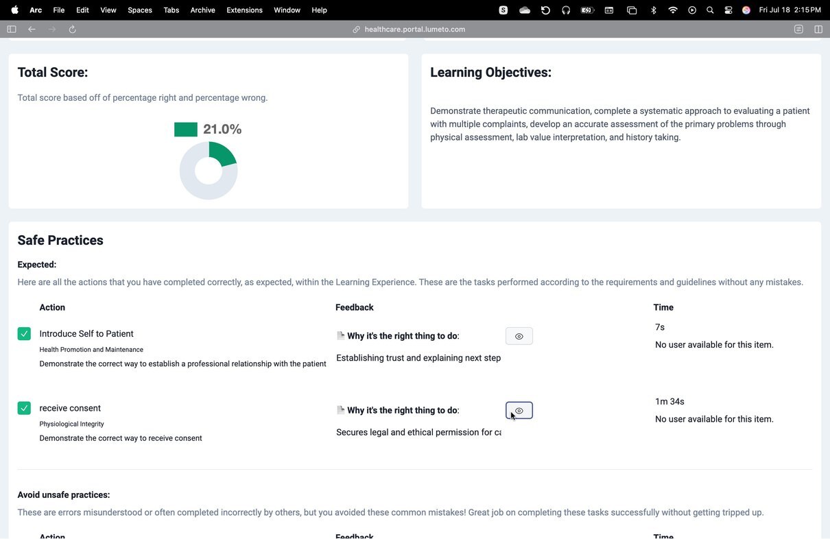 Session report in the Web Portal with score and feedback