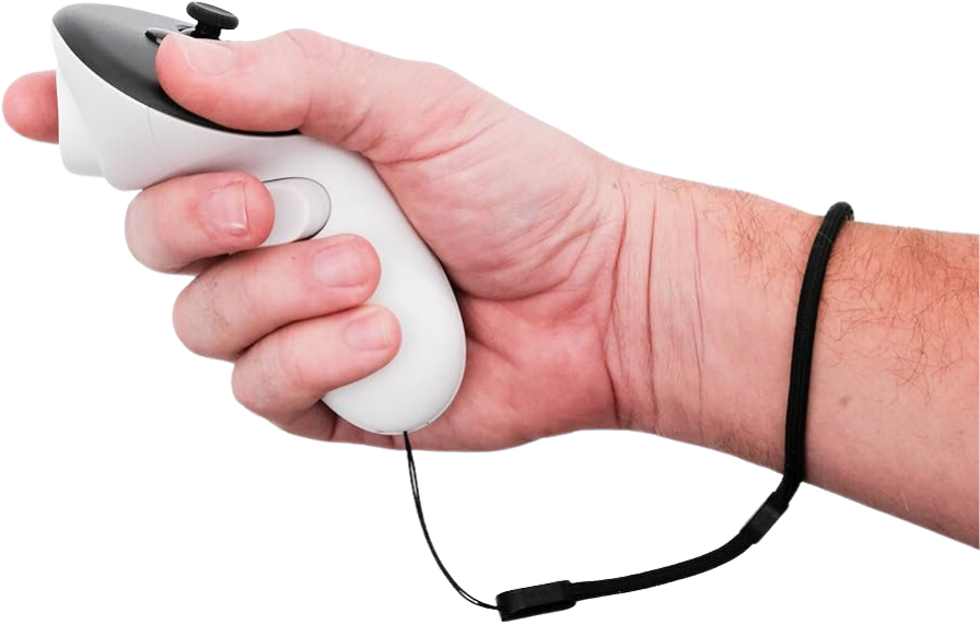 Hand holding a Meta Quest controller with fingers resting on the triggers