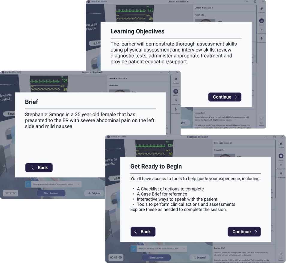 Learner Brief screens showing learning objectives, the case brief and get ready to begin