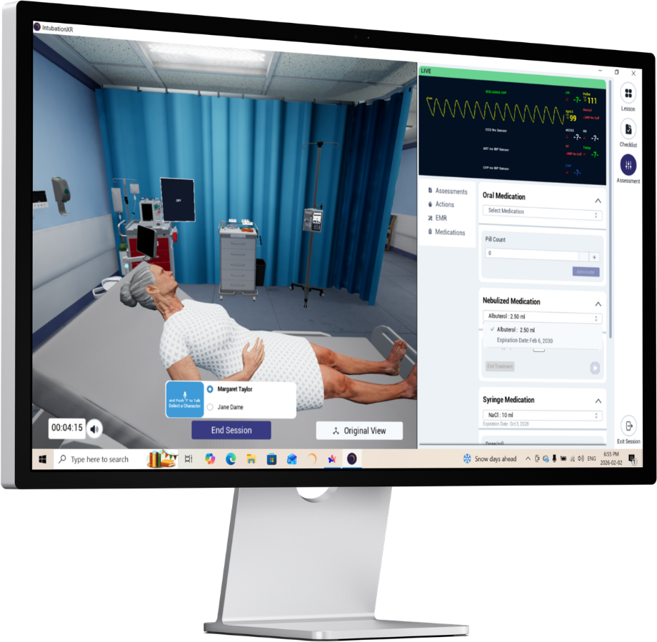 OnScreen patient simulation with the assessment panel open on the right
