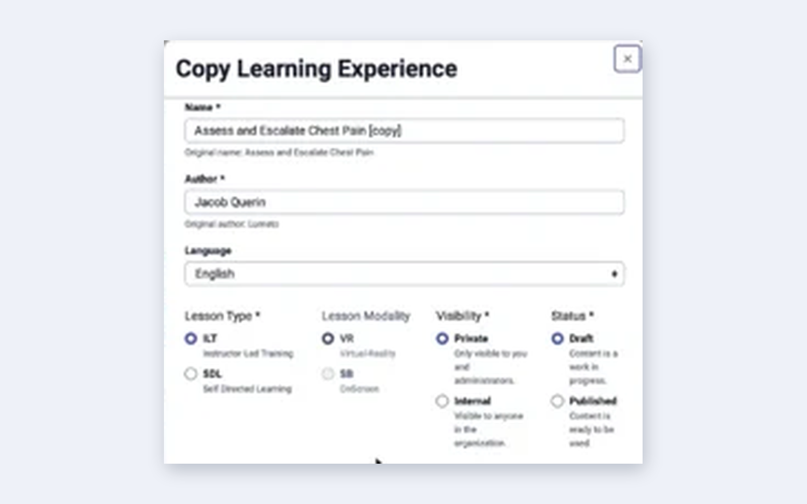 Copy Learning Experience window