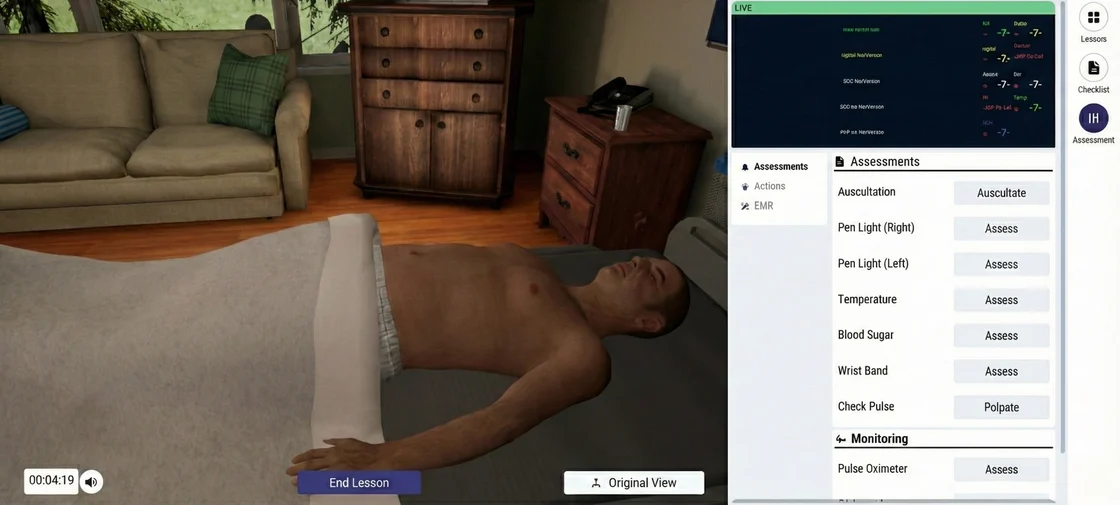 Homecare room in an OnScreen session with the assessment menu open