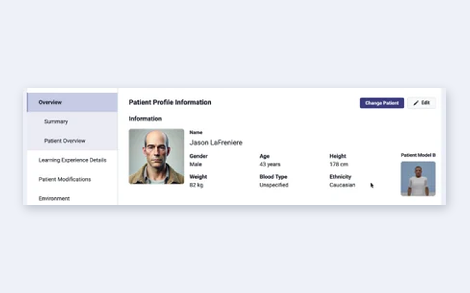 Patient Profile section showing the patient model with age, sex, and race