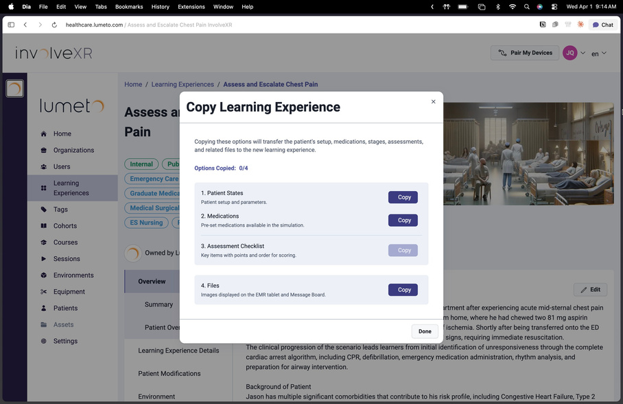 Copy Learning Experience window with the Patient States, Medications, Assessment Checklist, and Files options highlighted