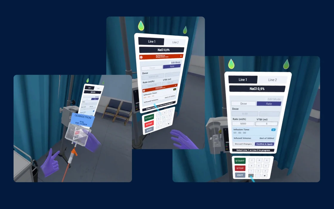 IV pump screens in VR, showing two lines being set up