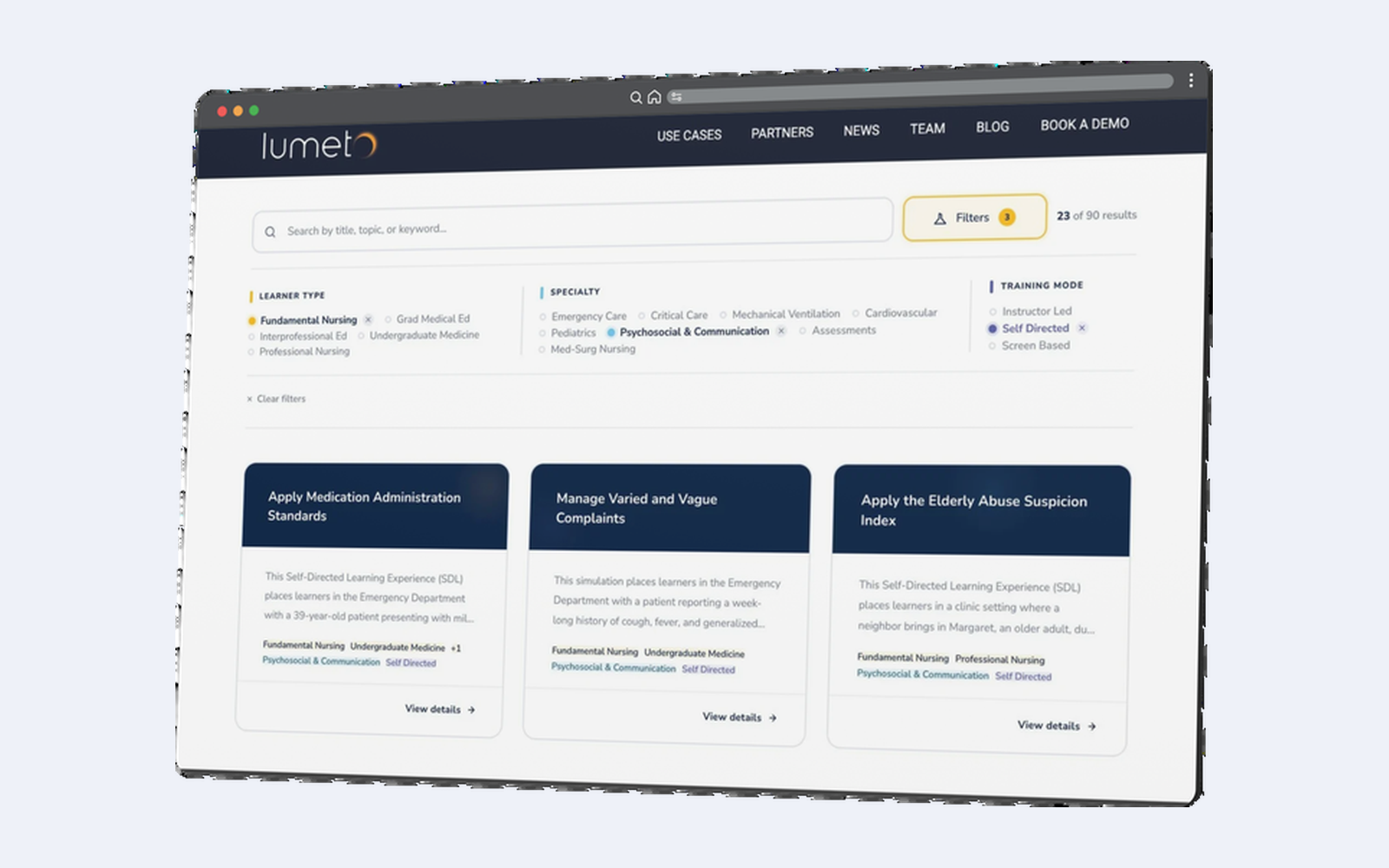 Lumeto Learning Experience Catalogue with filters and case cards