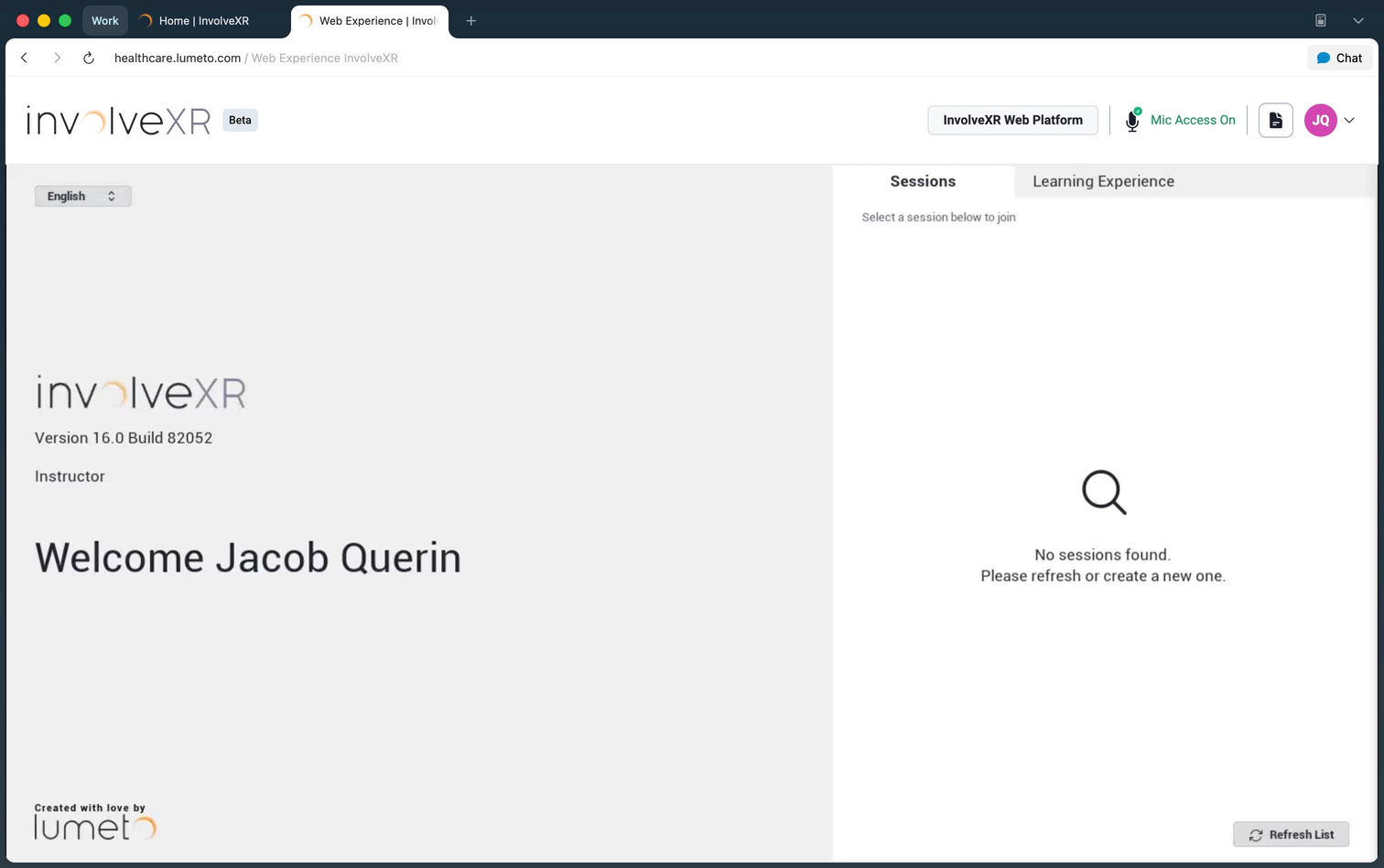 OnScreen Web welcome screen for an instructor, with the Sessions and Learning Experience tabs