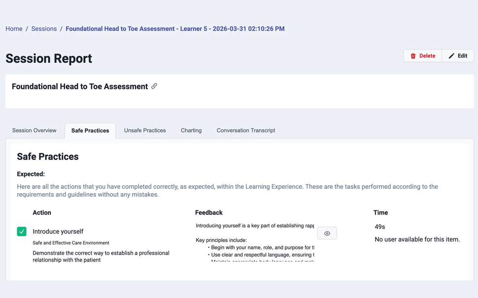 Session Report with the Session Overview, Safe Practices, Unsafe Practices, Charting, and Conversation Transcript tabs highlighted
