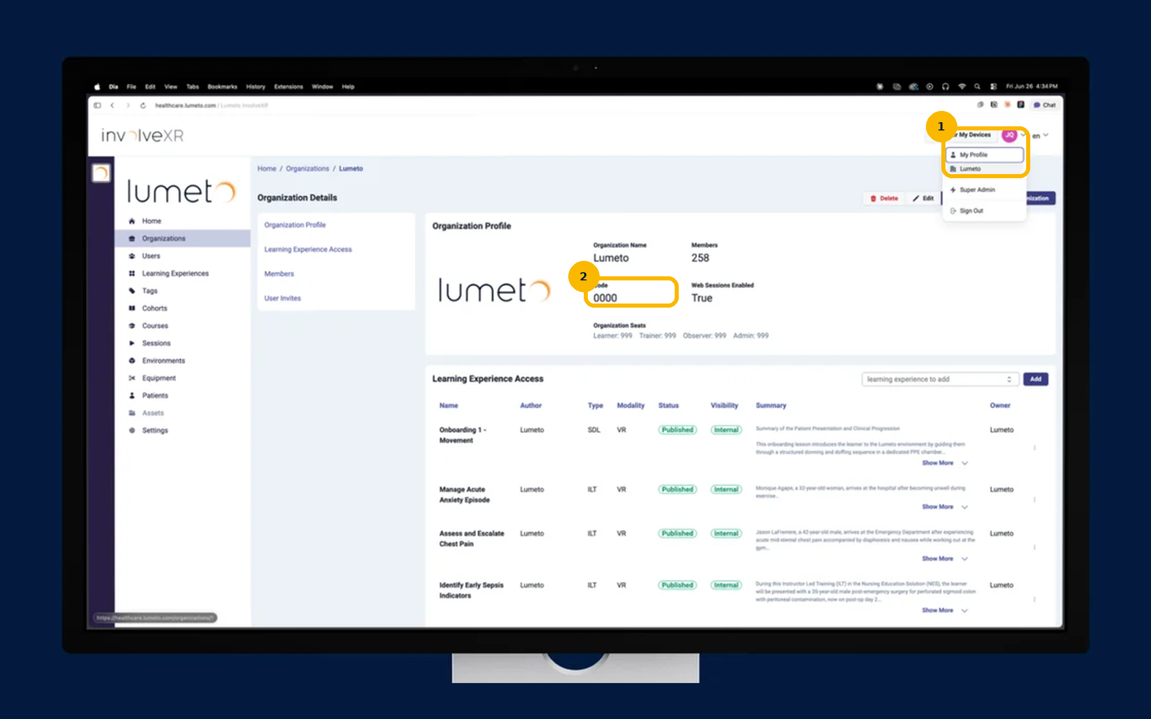 Organization Details page with the profile menu and the organization Code highlighted