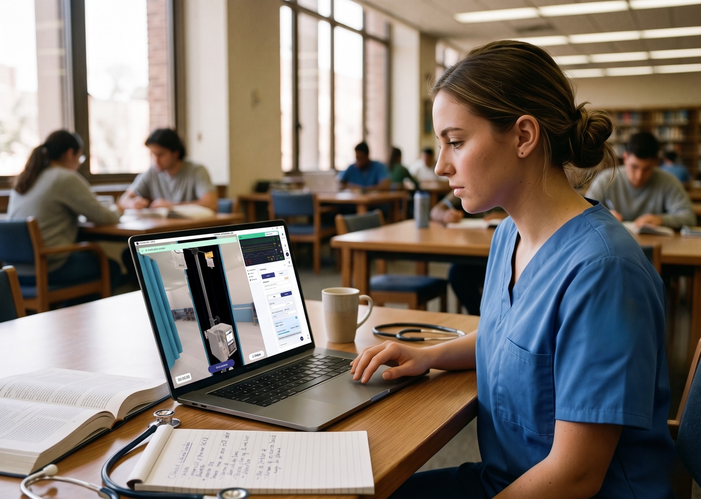 Nursing student practising IV management in OnScreen on a laptop