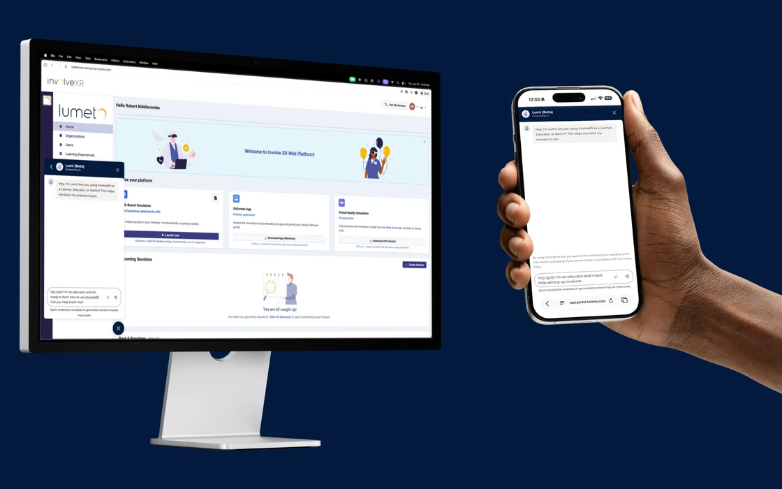 Lumi chat open in the InvolveXR Web Portal on a desktop and on a phone