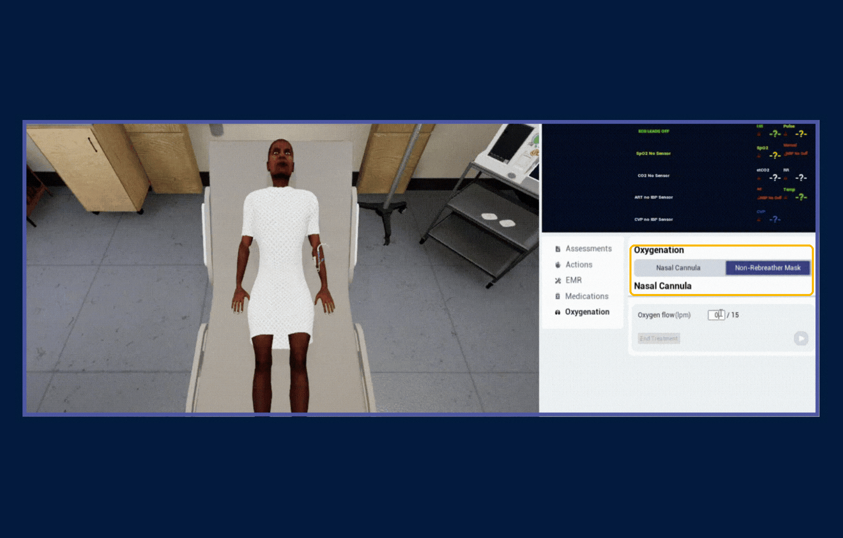 OnScreen session with the Oxygenation panel open and the Nasal Cannula and Non-Rebreather Mask options highlighted