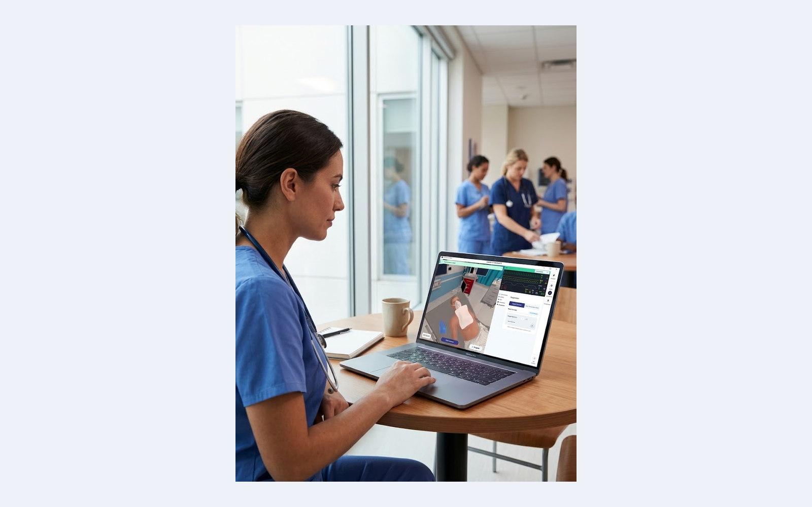 Nurse practising oxygenation in OnScreen on a laptop at the hospital