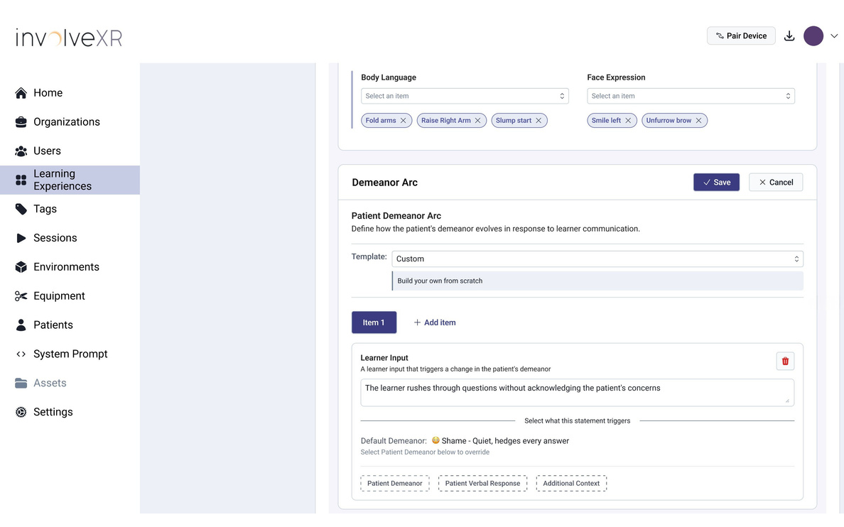 Demeanor Arc section with a template, learner input, and the patient's demeanor