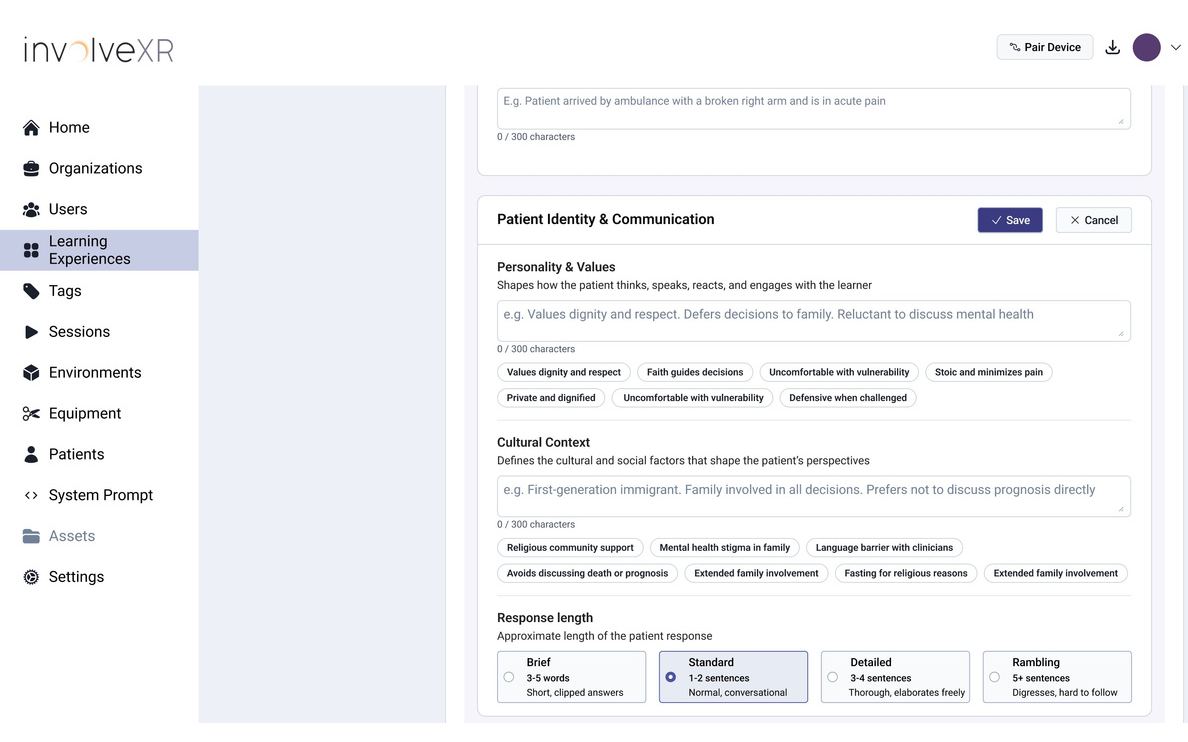 Patient Identity and Communication section with personality, cultural context, and response length options