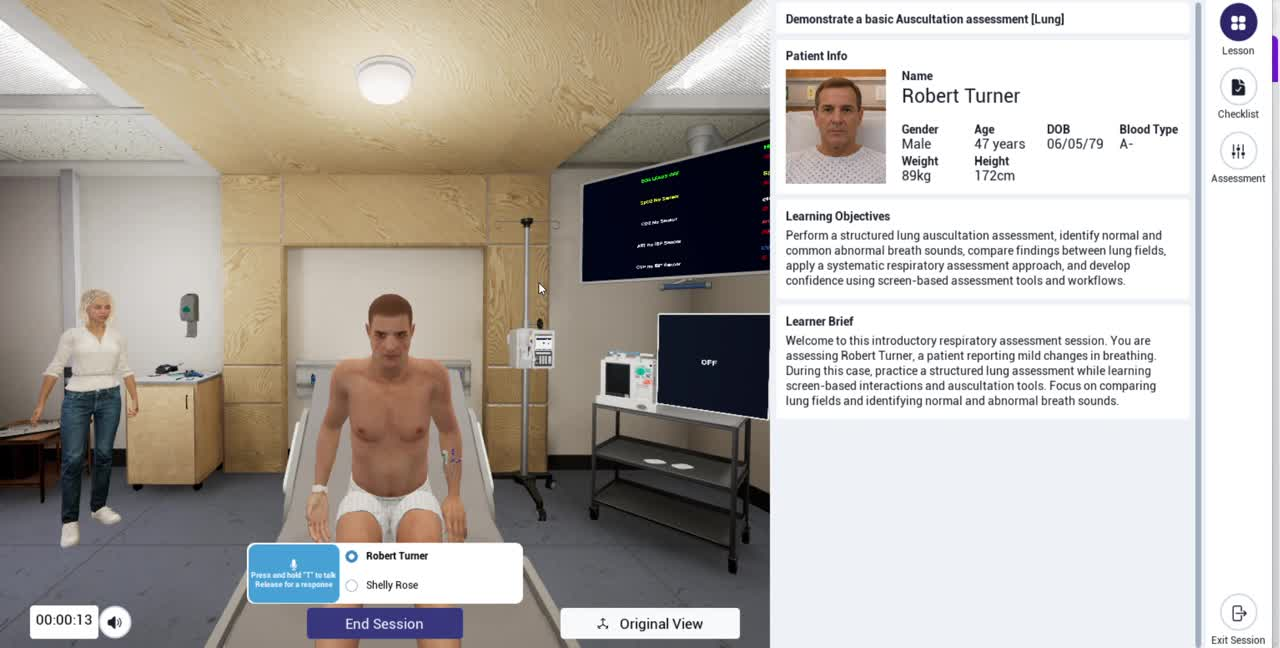 OnScreen auscultation lesson with the patient, a colleague, and the lesson details beside them