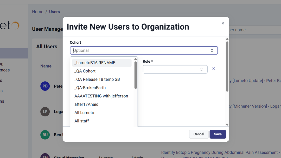 Invite New Users window with the cohort field