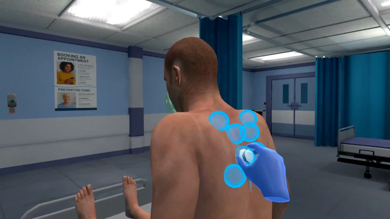 Auscultating the back of a patient sitting up