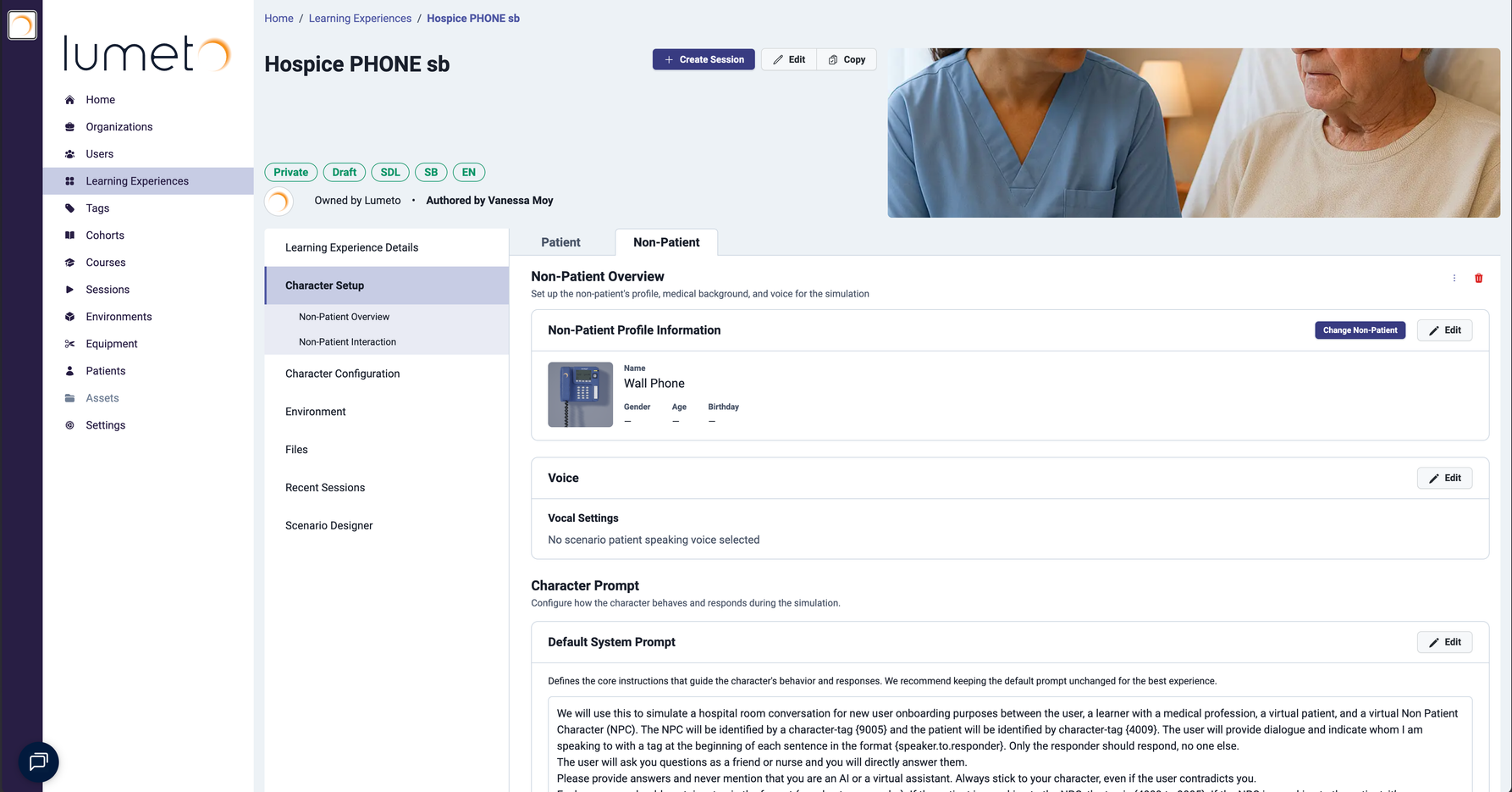 Learning experience page in the Web Portal with the wall phone set up as a character
