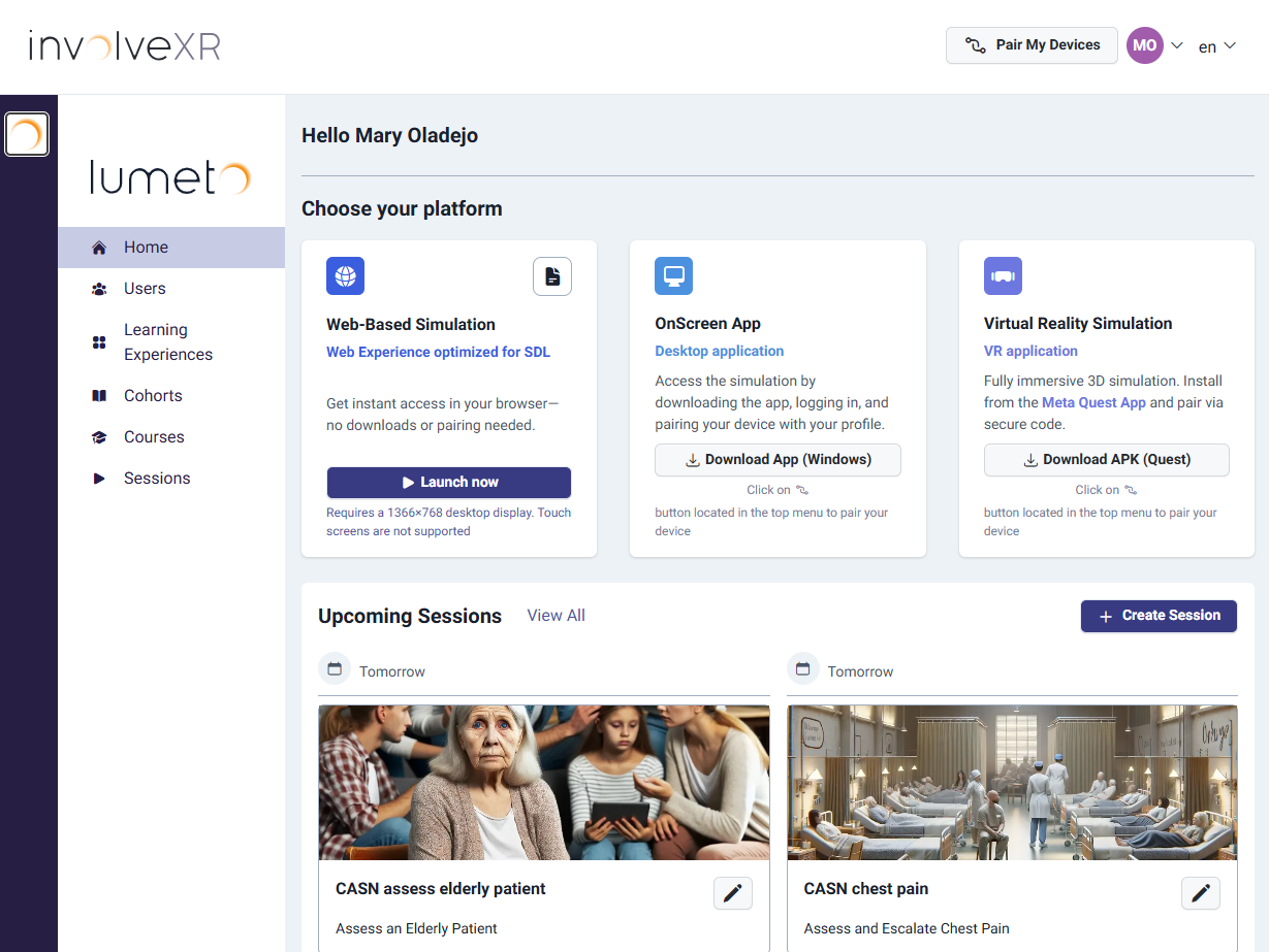Screenshot -InvolveXR home dashboard
