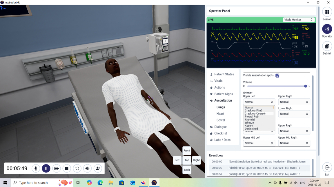 Trainer App view of a live VR session