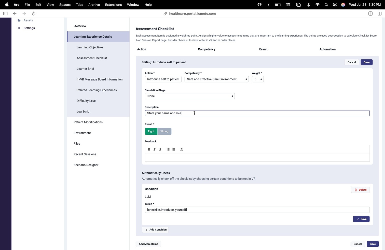 Assessment Checklist section in the Web Portal