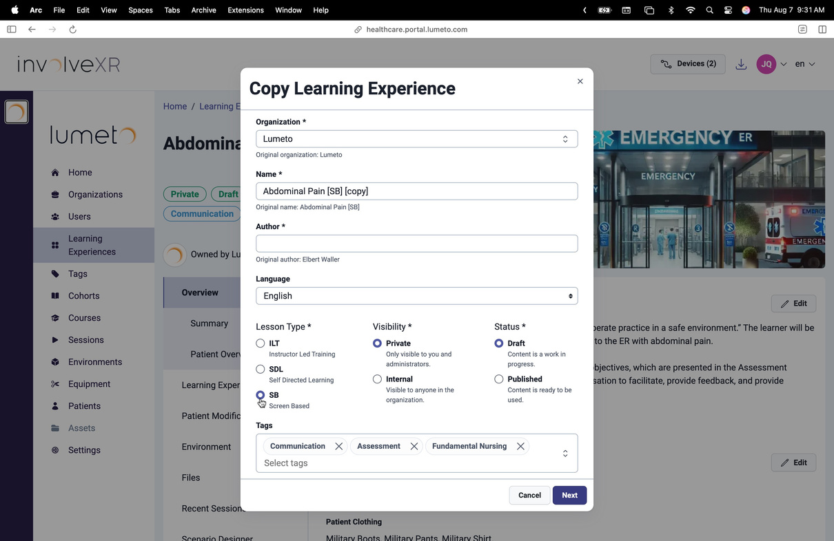 Copy Learning Experience window
