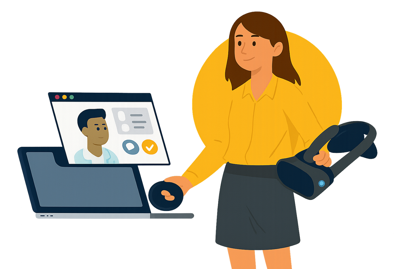 Illustration of a learner moving from screen to VR