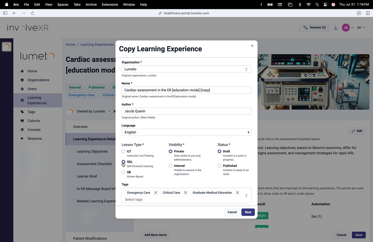 Copy Learning Experience window with name, lesson type, and visibility
