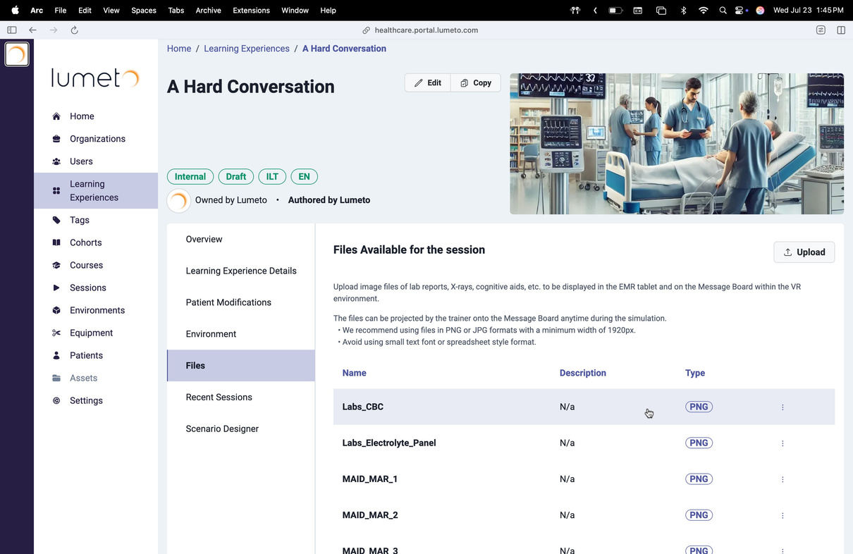 Files tab with uploaded patient files