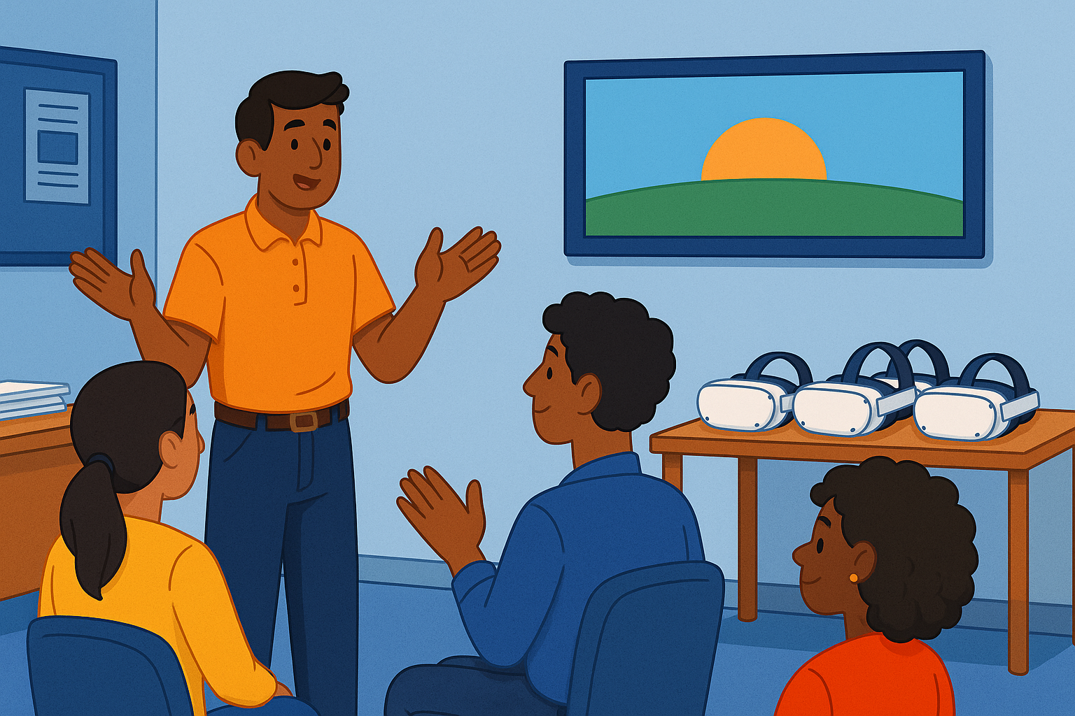 Trainer guiding a group of learners with VR headsets