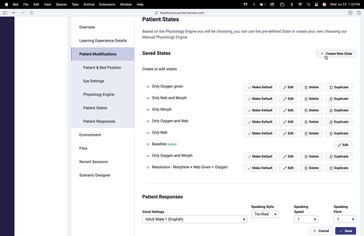 Patient Modifications tab with patient states and responses