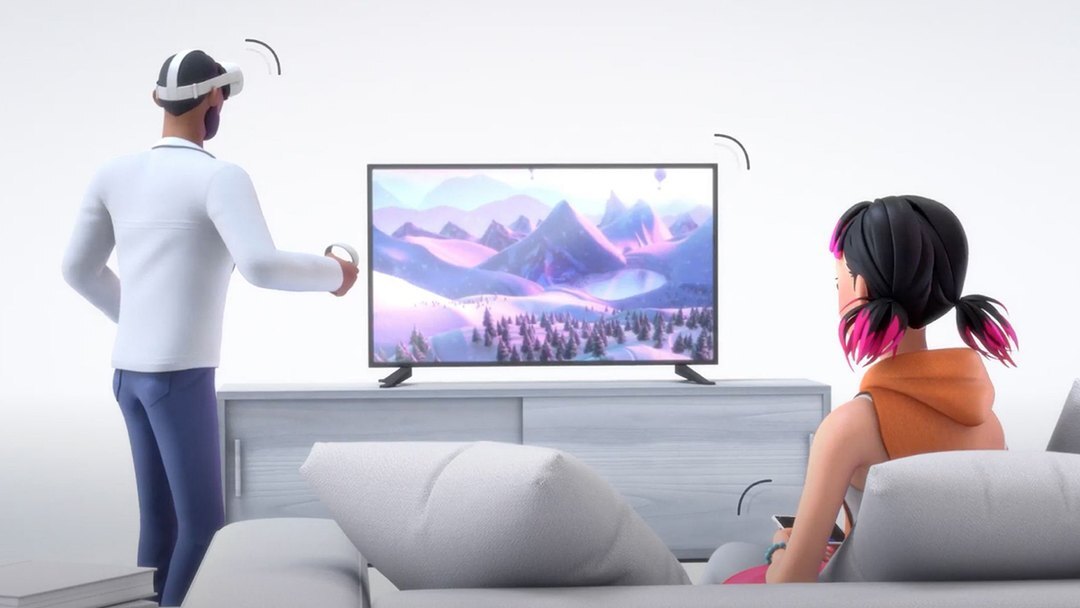 Person in a headset casting to a TV for others to watch