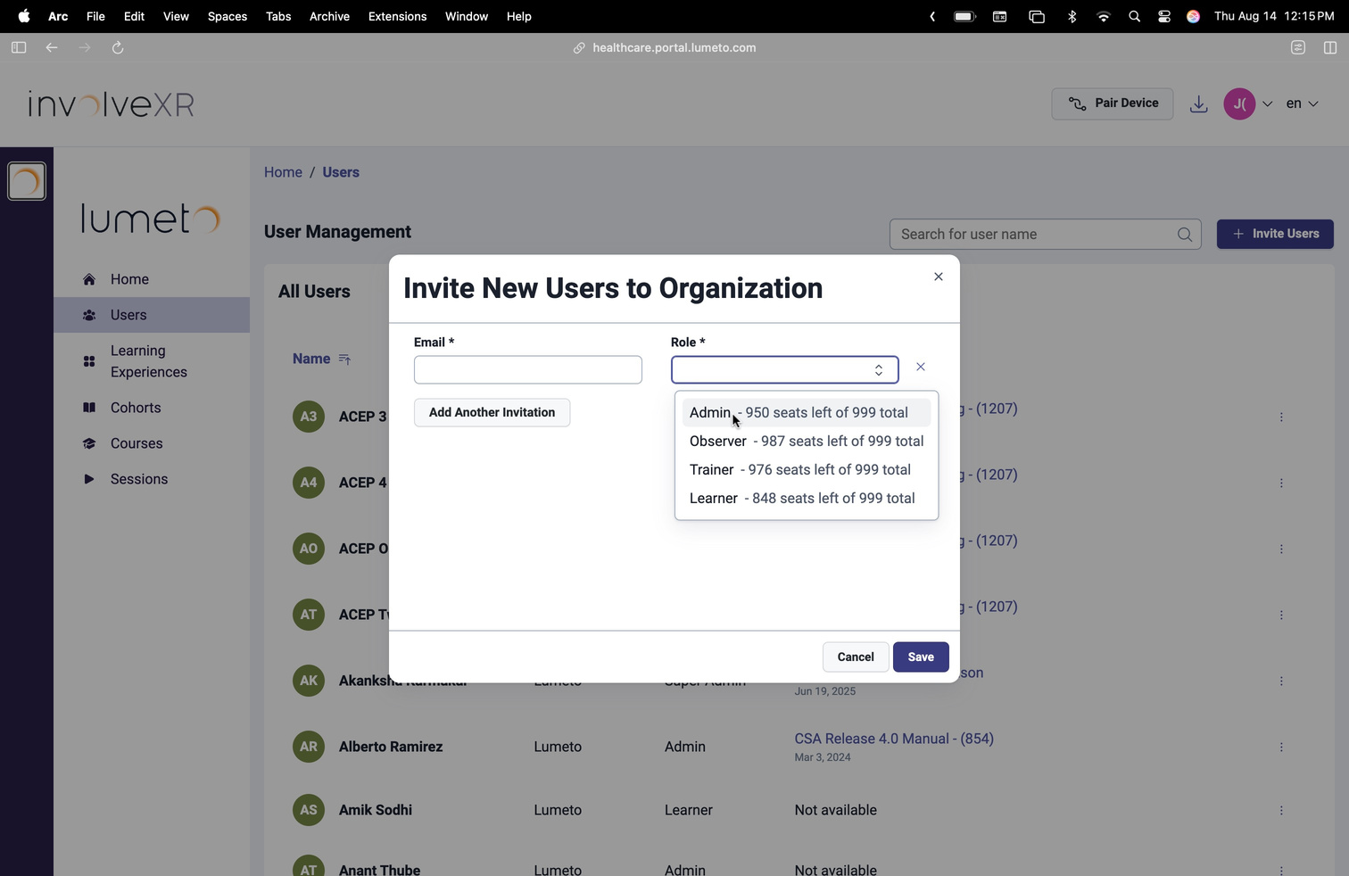 Role dropdown in the Invite New Users window