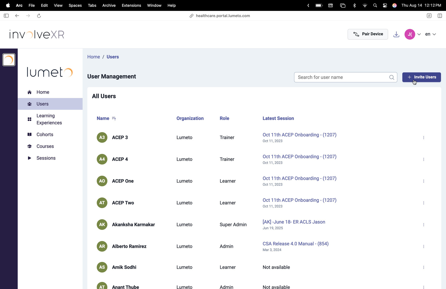 Users tab in the Web Portal listing registered users