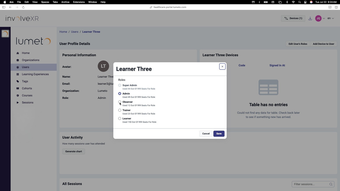 Edit role options on a user profile