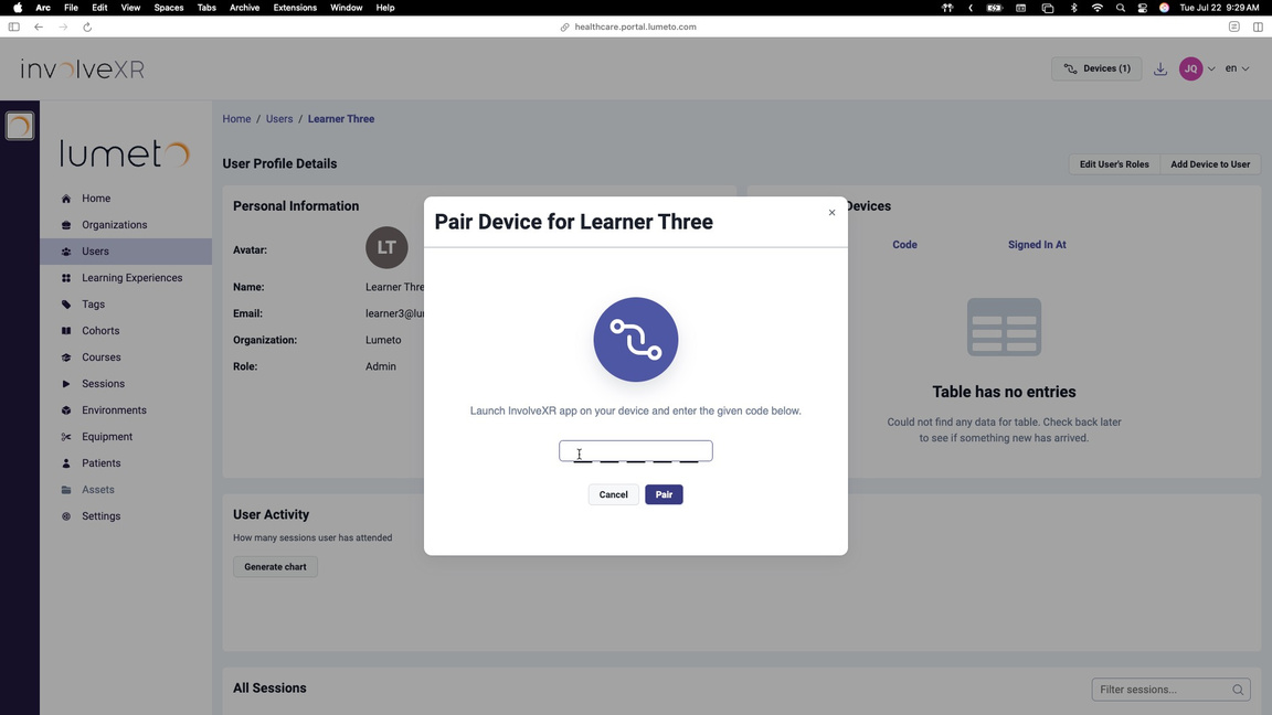 Pair Device for user window in the Web Portal